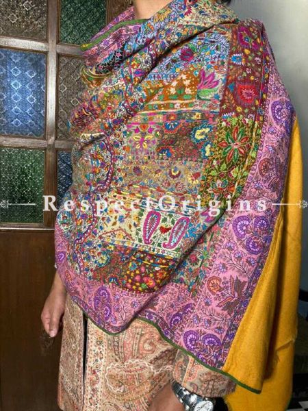 Excpetional  Mens Pashmina Kashmiri Shawl in Turmeric Yellow with Sozni Embroidery; 80 X 40 Inches; RespectOrigins.com