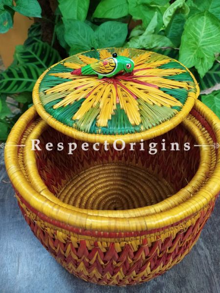 Multi Colour Laundry Basket with Lid; Hand-braided Natural Moonj Grass; 9X10 Inches; RespectOrigins.com