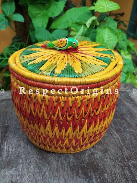 Multi Colour Laundry Basket with Lid; Hand-braided Natural Moonj Grass; 9X10 Inches; RespectOrigins.com