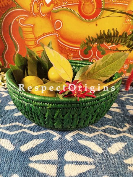 Healthy Vibrance in Handwoven Green Organic Moonj Grass Fruit or Oval Bread Basket; height 4 x Inches diameter 10 Inches