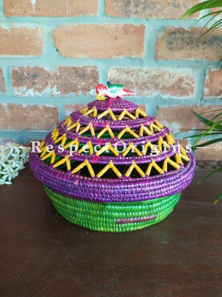 Eco-friendly Gorgeous Green,yellow and Purple Hand-braided Organic Moonj Grass Bread or Fruit Basket 12 X 12 Inches