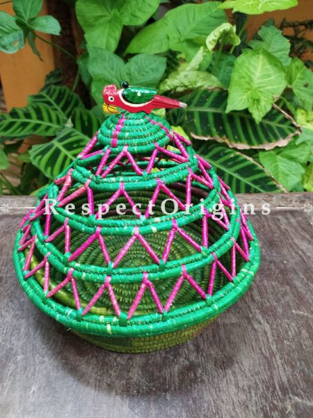 Fabulous Handwoven Multi-Utility Pink and Green Moonj Grass Eco-friendly Round Bread or Fruit Basket or Roti Basket With Lid; RespectOrigins.com