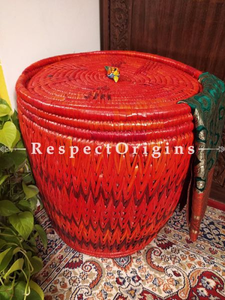 Watermelon Red Laundry Basket with Lid; Hand-braided Natural Moonj Grass at Respectorigins.com