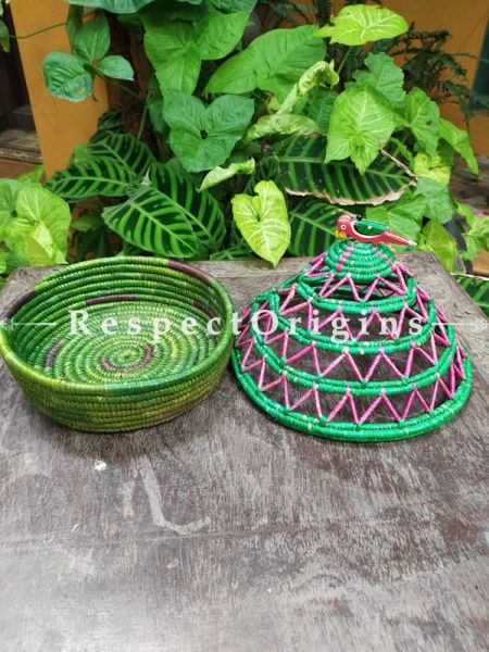 Fabulous Handwoven Multi-Utility Pink and Green Moonj Grass Eco-friendly Round Bread or Fruit Basket or Roti Basket With Lid; RespectOrigins.com