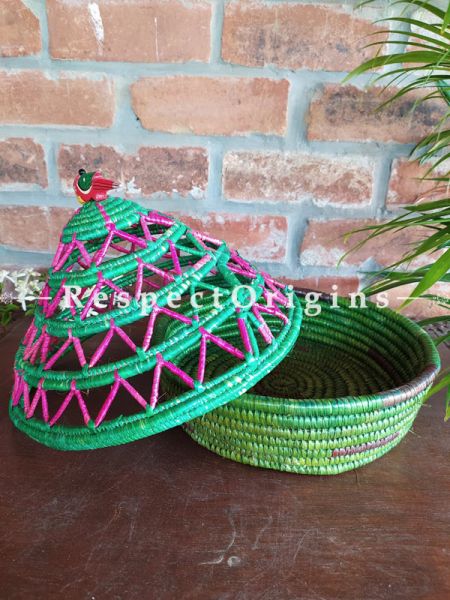 Gorgeous Green and Pink Hand-braided Organic Moonj Grass Bread or Fruit Basket 12 X 12 Inches;Eco-friendly Baskets
