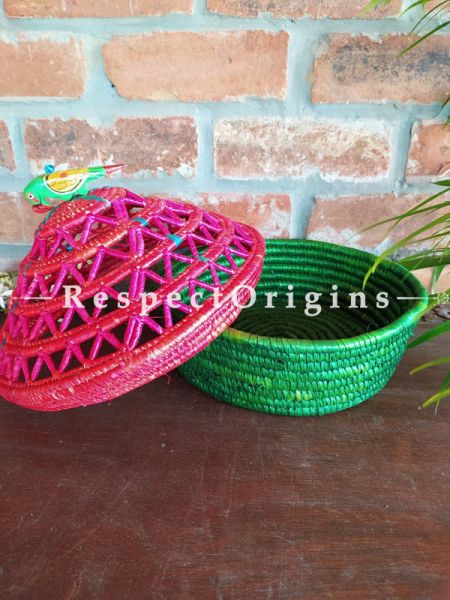 Eco-friendly Gorgeous Pink and Green Hand-braided Organic Moonj Grass Bread or Fruit Basket 12 X 12 Inches