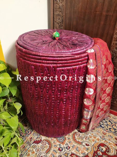 Buy Magenta Laundry Basket With Lid; Hand-Braided Natural Moonj Grass; 21X16 In; Zig Zag Online  at RespectOrigins.com
