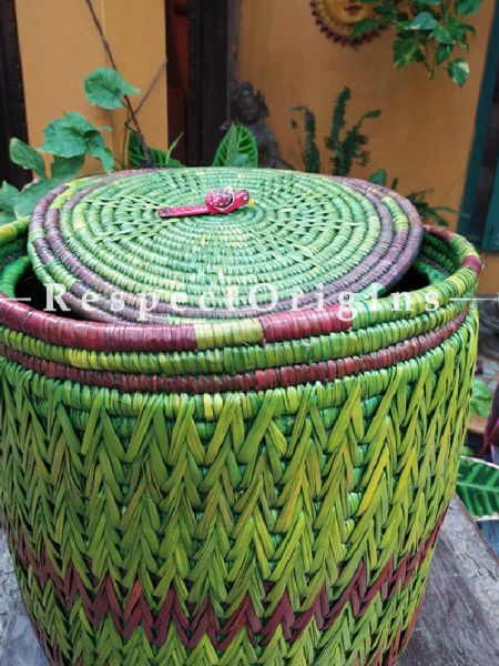Green and Maenta Laundry Basket with Lid; Hand-braided Natural Moonj Grass; 19X19 Inches; RespectOrigins.com