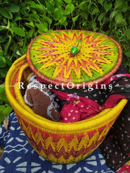 Buy Green, Yellow & Red Laundry Basket With Lid; Hand-Braided Moonj Grass;16X15 In; Zig Zag Online  at RespectOrigins.com