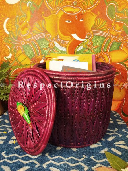 Crimson Laundry Basket with Lid; Hand-braided Natural Moonj Grass at respect origins.com