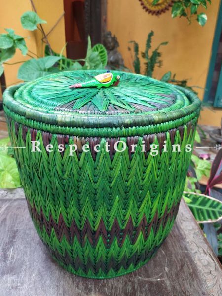 Green Laundry Basket with Lid; Hand-braided Natural Moonj Grass; 16X16 Inches; RespectOrigins.com