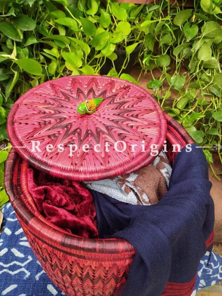 Buy Magenta Laundry Basket With Lid; Hand-Braided Moonj Grass;16X15 In;Zig Zag Design Online  at RespectOrigins.com