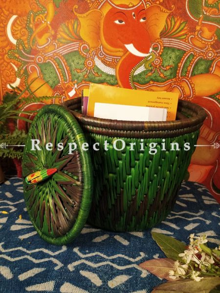 Buy Green Laundry Basket with Lid; Hand-braided Natural Moonj Grass;At RespectOrigins