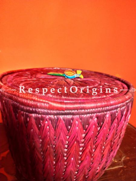 Magenta Red Laundry Basket with Lid; Hand-braided Natural Moonj Grass; 15X12 Inches; RespectOrigins.com