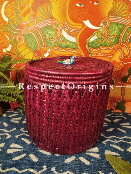 Cabernet Maroon Hand-braided Natural Moonj Grass Laundry Baskets with Lid. at respect origins.com
