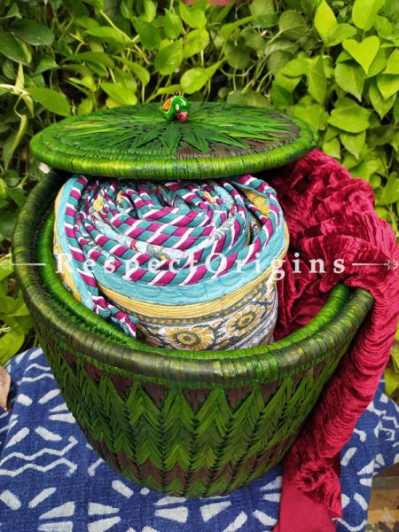 Green Laundry Basket With Lid; Hand-Braided Natural Moonj Grass; 16X16 In; Zig Zag Design Online  at RespectOrigins.com