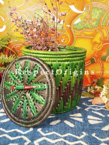 Buy Green Laundry Basket with Lid; Hand-braided Natural Moonj Grass;At RespectOrigins