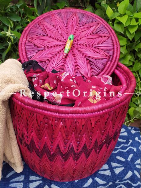 Fuschia Pink Laundry Basket with Lid; Hand-braided Natural Moonj Grass at Respectorigins.com