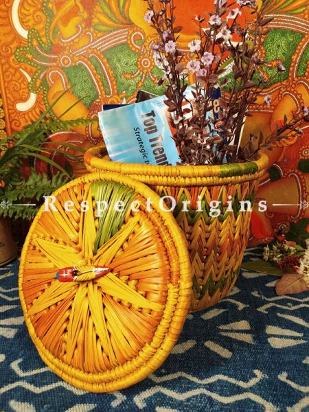 Gorgeous Sunshine Gold and Green Laundry Basket with Lid; Hand-braided Natural Moonj Grass at respect origins.com