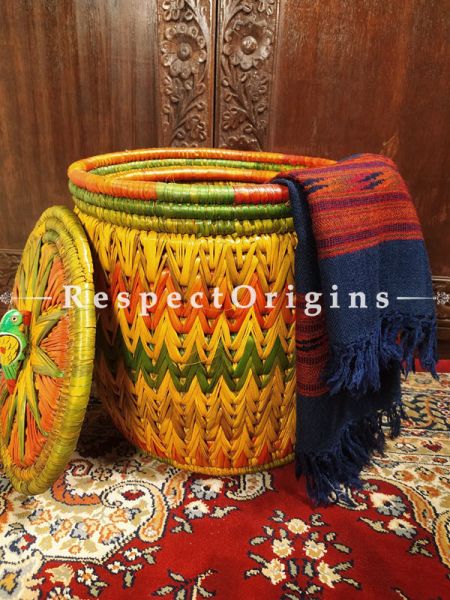 Buy Yellow, Green & Red Laundry Basket with Lid; Hand-braided Natural Moonj Grass;At RespectOrigins