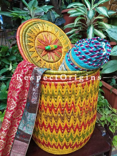 Colourful Yellow, Green and Red Laundry Basket with Lid; Hand-braided Natural Moonj Grass at Respectorigins.com