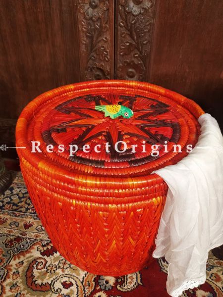 Tangerine Orange Laundry Basket with Lid; Hand-braided Natural Moonj Grass at Respectorigins.com