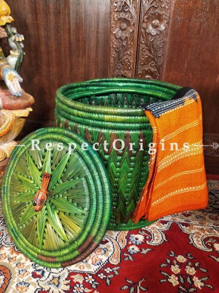 Mango Green Laundry Basket with Lid; Hand-braided Natural Moonj Grass at Respectorigins.com
