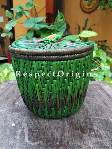 Green Laundry Basket with Lid; Hand-braided Natural Moonj Grass; 9X11 Inches; RespectOrigins.com