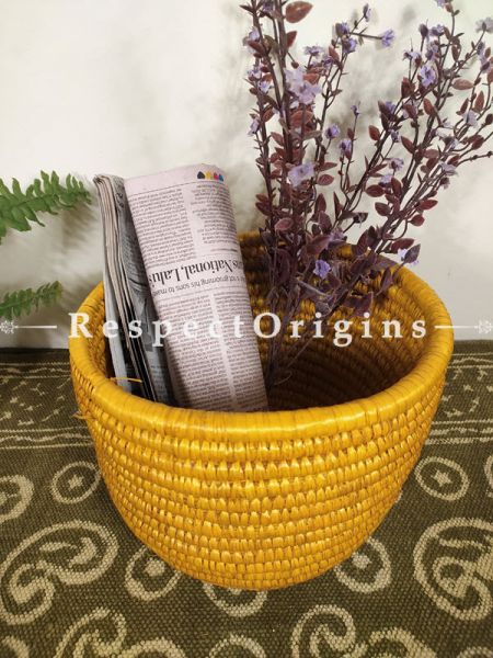 Yellow Magazine Bin Basket; Hand-braided Natural Moonj Grass at respect origins.com