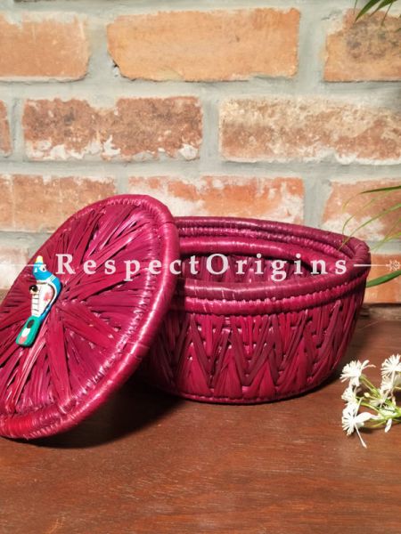 Pink Bread Basket with Lid; Hand-braided Natural Moonj Grass