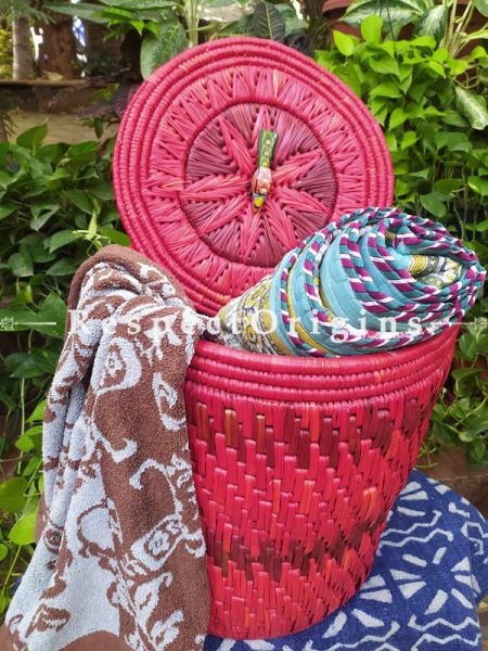 Magenta Laundry Basket with Lid; Hand-braided Natural Moonj Grass at Respectorigins.com