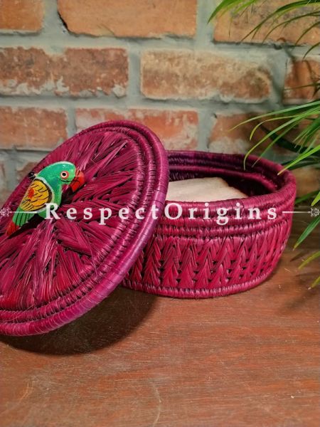 Gorgeous Pink Bread Basket with Lid; Hand-braided Natural Moonj Grass
