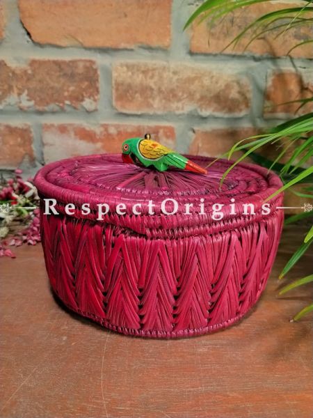 Buy Pink Bread Basket with Lid Hand-braided Natural Moonj Grass 10 X 4 Inches at RespectOrigins.com
