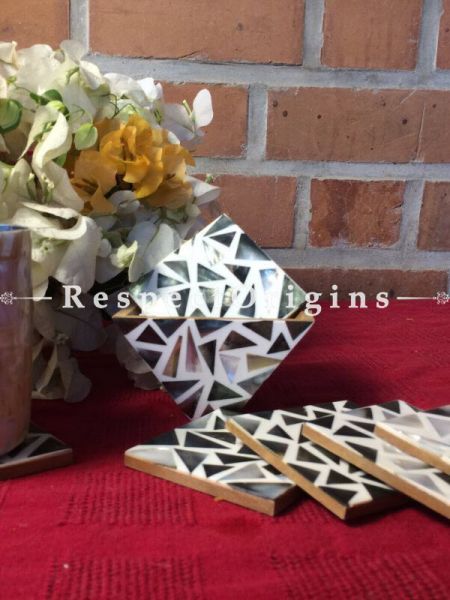 Buy Set of 6 Coasters With Holder; Square; Mother of Pearl; Black & White At RespectOrigins.com