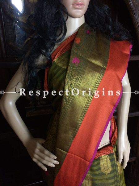 Green-Orange Handwoven Banarasi Cotton Silk Saree; Zari Border & Butis; RespectOrigins.com