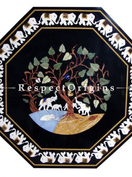 Buy Fabulous Octagonal Black Pietra Dura Marble Table Top With inlay Work; Center Corner Side Coffee Dining Table; 3x3 Feet At RespectOrigins.com