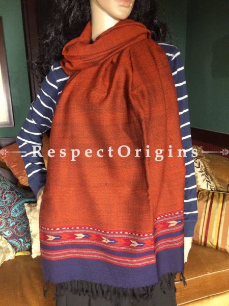 Buy Orange Hand woven Woolen Kullu Stoles From Himachal with Royal Blue border; Size 80 x 27 inches at RespectOrigins.com