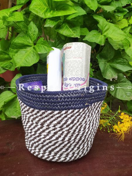 Blue Striped Hand-braided Jute Planter, Laundry, Blankets or Toys Basket; 8 Inches; RespectOrigins.com