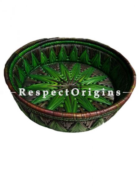 Adorable Handwoven Green Moonj Grass Eco-friendly Round Bread or Fruit Basket; Zig Zag Pattern; RespectOrigins