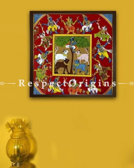 Painted Scrolls of Cheriyal; Krishna Kolatam; Folk Art Square Painting in 18X18 inches; Traditional Painting; RespectOrigins