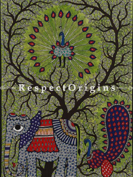 Buy GatheRing of Elephant And Peacock - Madhubani Painting- Paper 30X22;RespectOrigins