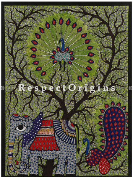 Buy GatheRing of Elephant And Peacock - Madhubani Painting- Paper 30X22;RespectOrigins