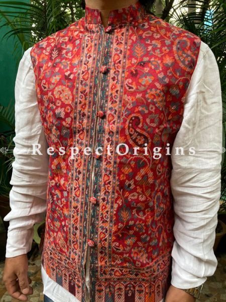 Red Paisley Jamavar Band-gala Nehru Jacket with Cloth-buttons in Red Color; RespectOrigins.com