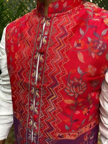 Red Paisley Jamavar Band-gala Nehru Jacket with Cloth-buttons; RespectOrigins.com
