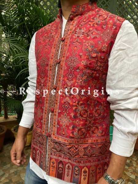 Paisley Jamavar Red Band-gala Nehru Jacket with Cloth-buttons; RespectOrigins.com