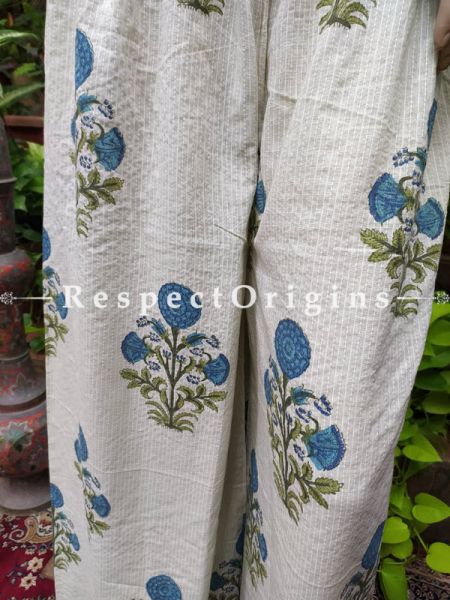 White Block-printed Cotton Palazzo Free Size Elasticated Drawstring Pants for Women; Length 40 Inches ; RespectOrigins.com