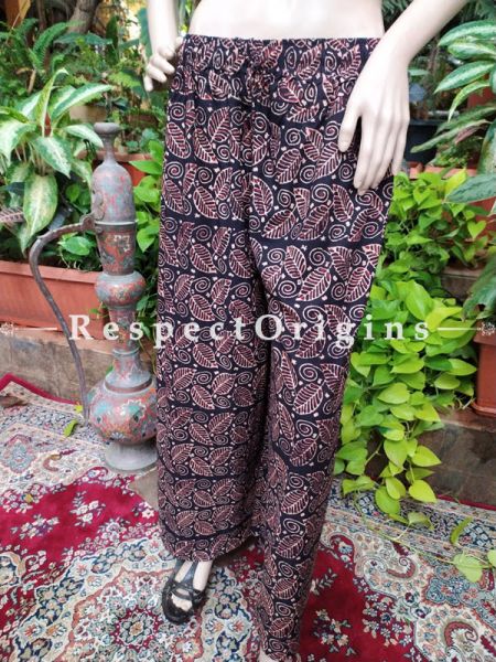 Black Flower Block-printed Cotton Palazzo Free Size Elasticated Drawstring Pants for Women; Length 40 Inches ; RespectOrigins.com