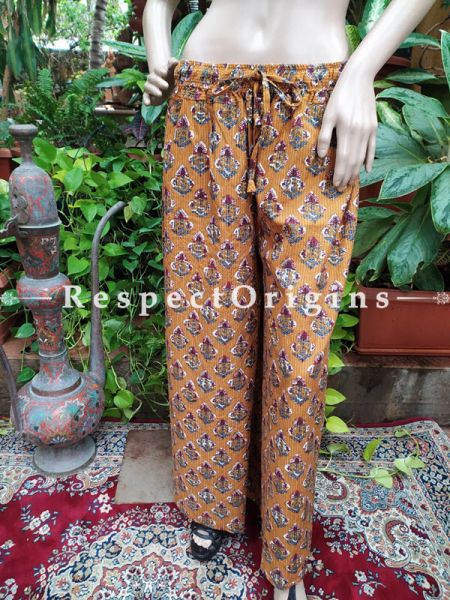 Flower Block-printed Cotton Palazzo Free Size Elasticated Drawstring Pants for Women; Length 40 Inches ; RespectOrigins.com