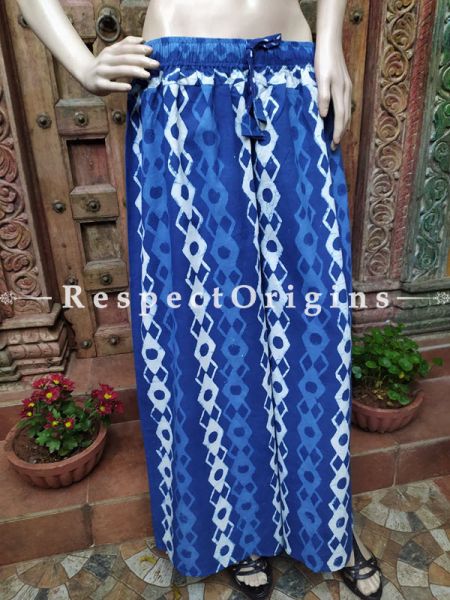 The Indigo Series: Heavenly Blues in Hand Block Prints on Soft Cotton; Elegant Palazzo Pants with Elasticated Waists; Length 40 Inches; RespectOrigins.com
