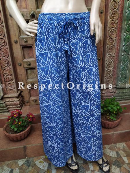 The Indigo Series: Trendy Blues in Hand Block Prints on Soft Cotton; Soft Palazzo Pants with Elasticated Waists s; Length; 40 Inches; RespectOrigins.com